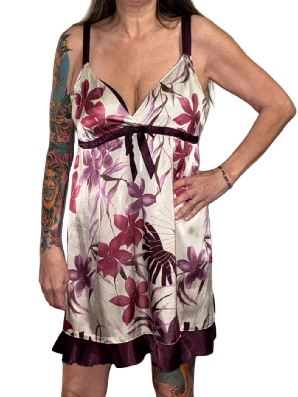 Sz.L*Gilligan & O'Malley*Burgundy/Cream Floral-Print Chemise/Nightie
